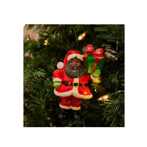Black Santa Christmas Tree Ornament Gift Box Red Bow 4.5 in New - Picture 2 of 2